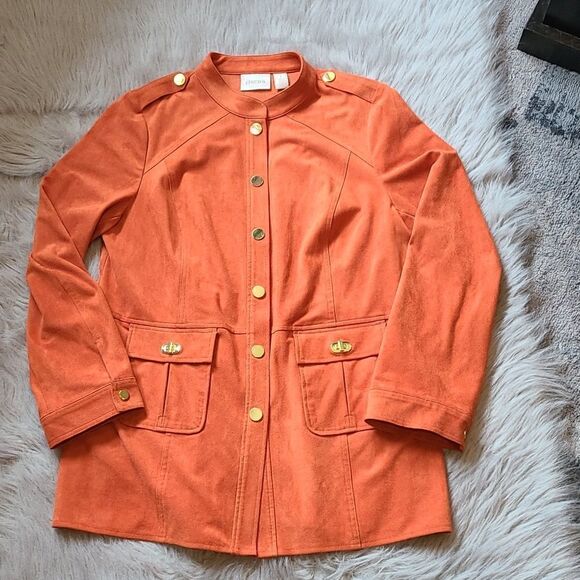 Chicos womens orange‎ suade jacket with goold buttons and detail size 1 - Picture 1 of 4